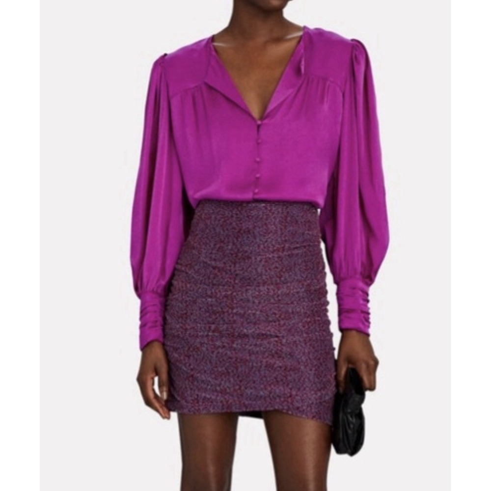 Intermix Yasmin Silk Blouse Size S Fuchsia Pink Long Sleeve Puff Sleeve Buttons